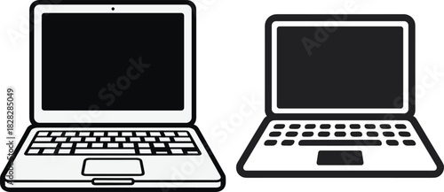 Two black and white laptop computer icons side by side technology graphic