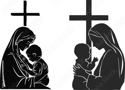 Black silhouette of Virgin Mary and baby Jesus with crosses christianity religion