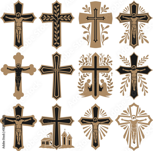 Collection of Christian crosses with Jesus and decorative elements christianity crucifixion