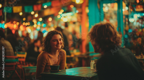 Genuine Connection Between Two Young People Smiling and Conversing at a Vibrant, Colorful Cafe Table with Warm String Lights in the Background