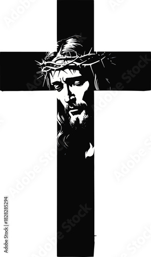 Jesus Christ face wearing crown of thorns on black cross portrait