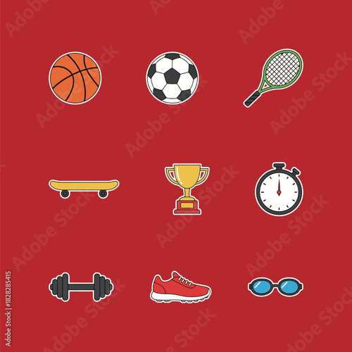 Collection of sport and fitness equipment stickers set. Basketball, football, tennis, skateboard, trophy, stopwatch, dumbbell, running shoe, and swimming goggles vector icons.