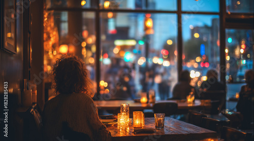 Atmospheric Evening Dinner Scene of a Woman Sitting Alone at a Dark Wooden Table in a Cozy City Restaurant with Bokeh Streetlights Outside