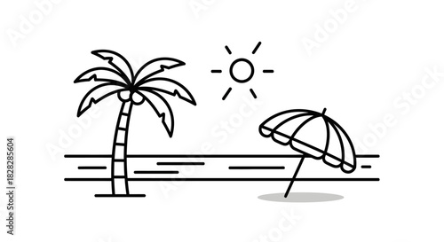 Minimalist beach scene with palm tree umbrella and sun line art illustration