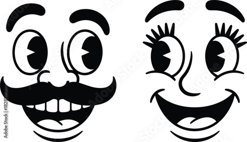 Black and white cartoon faces with exaggerated features and expressions illustration