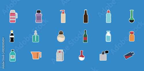 Assorted bottles, containers, and laboratory glassware vector stickers set. Includes thermos, shaker, pump, soda, water, milk, salt, measuring cup, and perfume bottle icons.