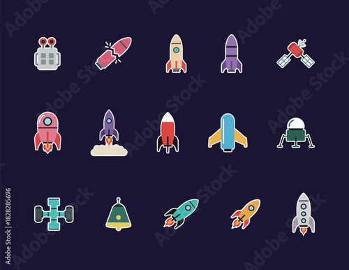 Space travel and exploration rocket vector sticker collection. Set of various rockets, satellites, spacecraft, missile, and lunar lander cartoon icons.