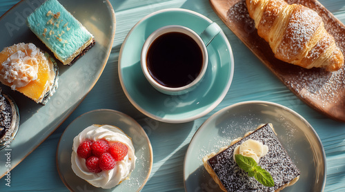 Luxurious Coffee and Pastry Breakfast Spread on a Teal Table with Croissant, Macarons, and Fine Desserts in Bright Sunlight