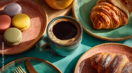 Vibrant Flat Lay of a Dark Coffee in a Textured Teal Cup Surrounded by Multiple Croissants and Assorted Macarons on Colorful Plates