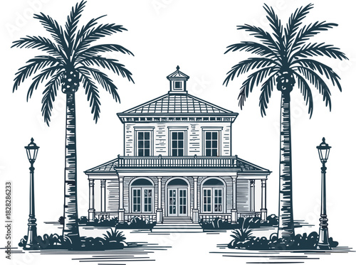 Dark blue sketch of a colonial house with palm trees and lampposts home building