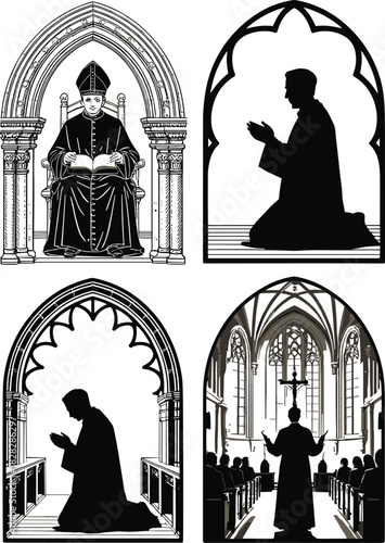 Religious scenes with clergy and worshippers in gothic architectural settings religion christianity