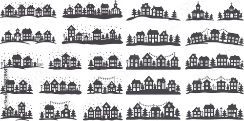 Collection of dark grey winter village silhouettes with snow and trees town houses