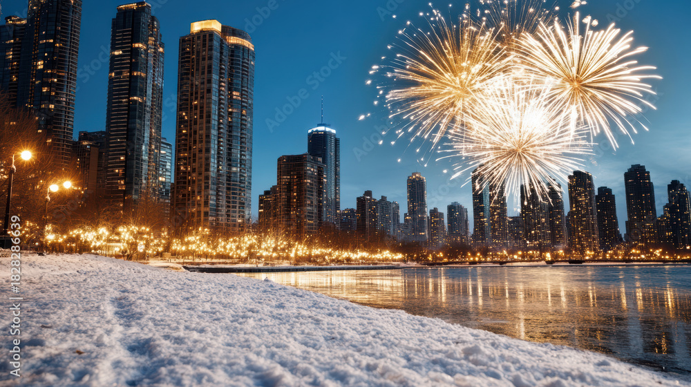 Obraz premium Snowy urban waterfront with golden fireworks lighting night skyline