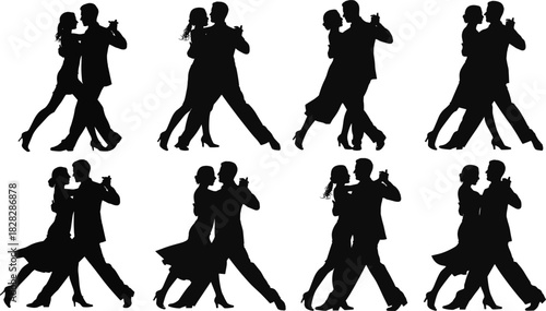 Black silhouettes of couples dancing tango on white background vector