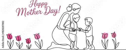 Mother’s Day line art illustration, minimalistic vector of mom hugging children with tulips, perfect for greeting card, love, family, celebration
