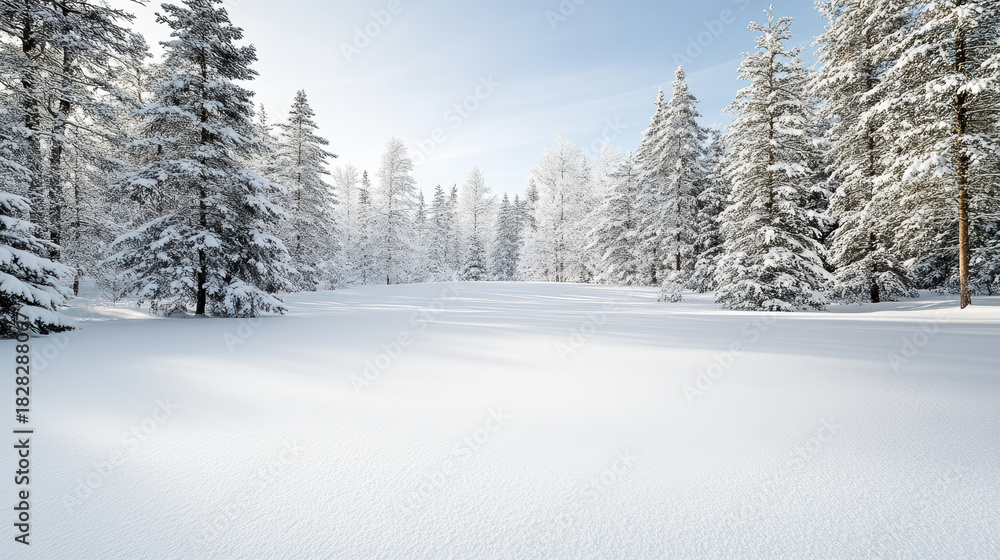 Naklejka premium Pale winter white glow with pine silhouettes at edges, serene snowy forest clearing in soft light