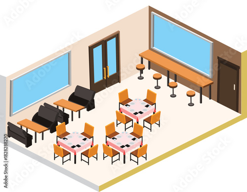Isometric Cafe Restaurant Interior Design Modern Coffee Shop Vector