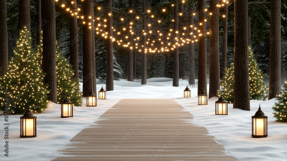Obraz premium Snowy forest path with string lights and lanterns creating peaceful festive glow