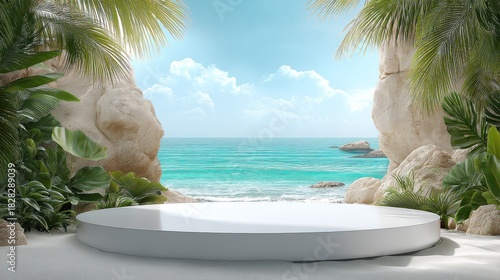 Beachfront podium with tropical foliage