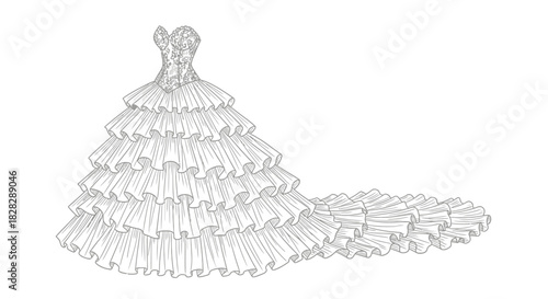 Elaborate ruffled gown design showcasing detailed structure and voluminous silhouette for fashion