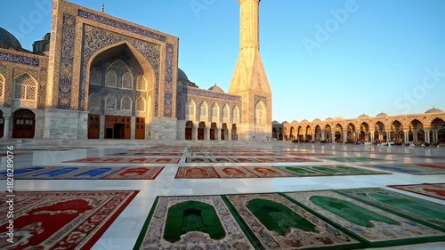 Beautiful Islamic Mosque Courtyard with Prayer Rugs at Sunrise.