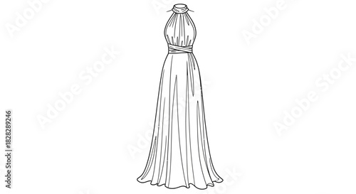 Elegant evening gown sketch with halter neckline and flowing skirt design idea