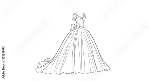 Exquisite contour drawing of a fairytale gown perfect for coloring books or design layouts