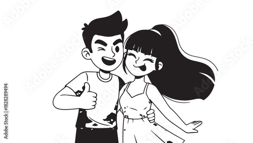 Joyful cartoon couple posing together with thumbs up and smiles in cheerful illustration.