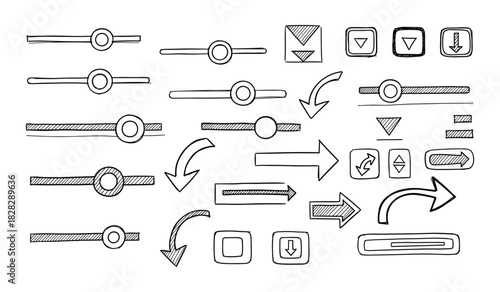 Collection of hand drawn UI elements including sliders arrows and buttons Keywords: UI elements, sliders, arrows, buttons, icons, interface, design, control, input, navigation, selection
