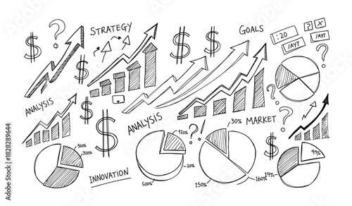 Hand Drawn Business and Finance Doodle Graphics with Charts Graphs Dollar Signs and Question Marks Keywords: doodle, hand drawn, sketch, drawing, illustration, business, finance, graph, chart, pie