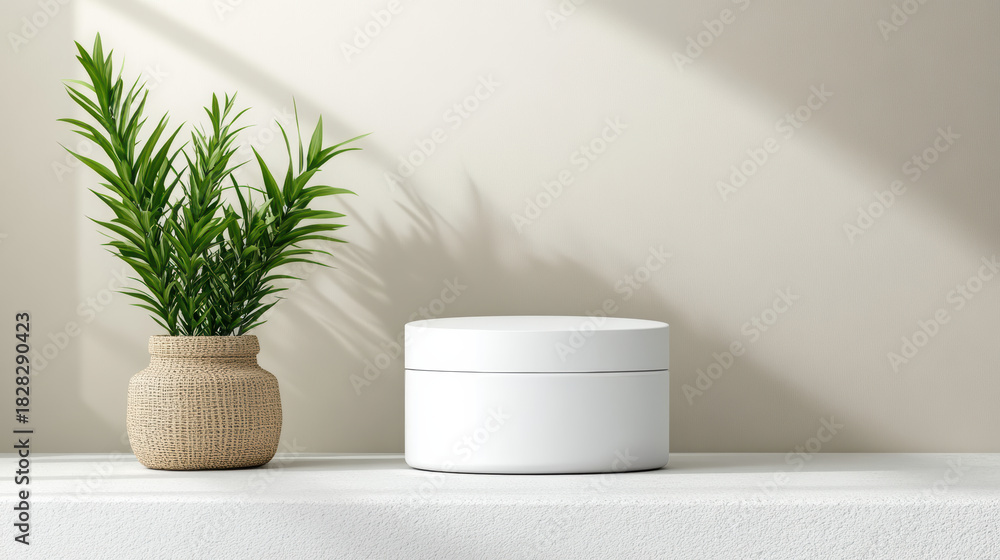 Fototapeta premium White round cosmetic container mock up matte finish calm minimalist still life