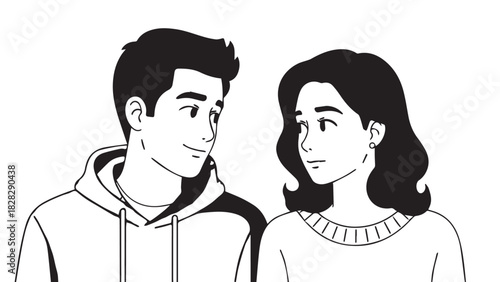 Illustrated scene of a young man and woman standing together in casual outfits.