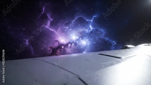 A cinematic wide-angle view captures the sleek, white edge of a futuristic spaceship flying past a vibrant purple and blue nebula in deep space.