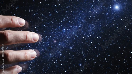A dramatic low-light, conceptual close-up of fingers reaching into the deep blue, mysterious starry night sky of the universe.