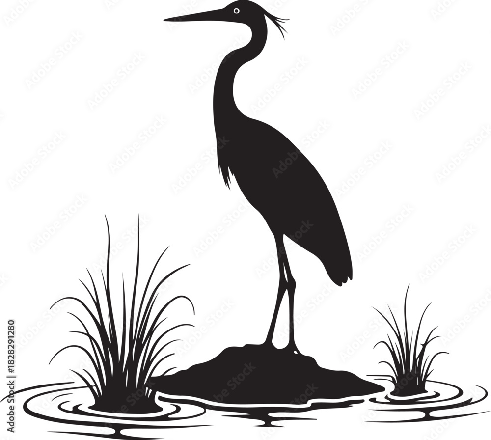 Fototapeta premium Black silhouette of a heron standing in water with reeds