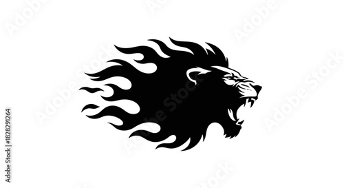 Black silhouette of a lion's head with flames against a white background.