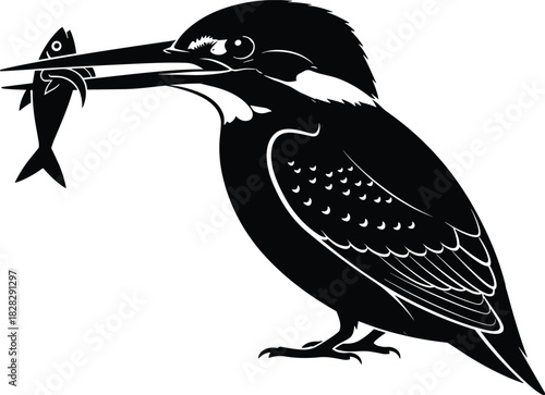 Detailed kingfisher bird with a freshly caught fish in its long beak, an illustration of a successful hunt, black vector design for wildlife, nature, and fishing content.