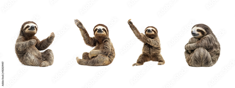 Fototapeta premium Collection of Sloth interacting Moves slowly to interact with other sloths or animals. full length isolate on transparent background