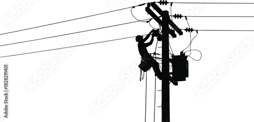 Electrician silhouette climbing on power pole to repair lines, vector illustration of utility worker maintaining high voltage infrastructure with transformer