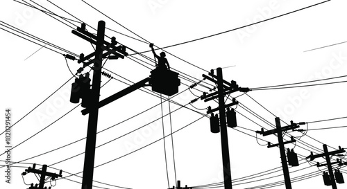 Electrician silhouette in bucket truck repairing power lines on utility pole, vector illustration of lineman maintaining high voltage electricity distribution 