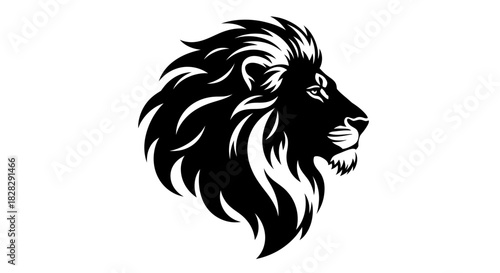 Black and white illustration of a lion's head in profile with a detailed mane on a white