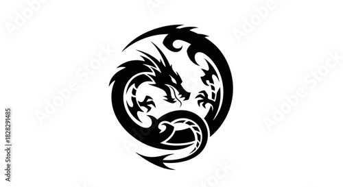 Black dragon head logo on a white background with swirling design.