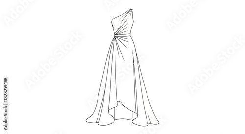 Elegant one-shoulder gown illustration showcasing formal attire design and fluidity