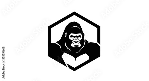 Black and white graphic illustration of a gorilla head in a hexagon shape on a white
