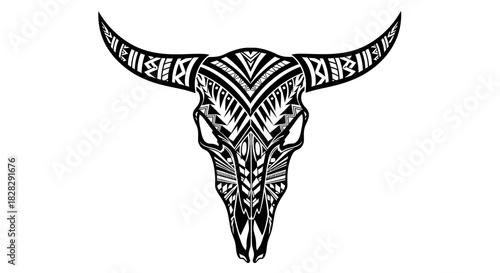 Illustration of a bull skull with tribal patterns on a white background.