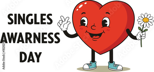 Singles Awareness Day cartoon heart character holding a daisy and peace sign Keywords: singles awareness day, single, heart, cartoon, character, daisy