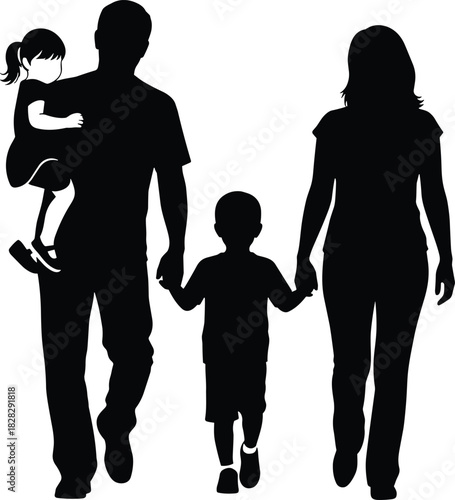 Family of four walking together, father carrying daughter, mother holding son's hand, happy parents and children, black silhouette vector illustration, isolated on white background.