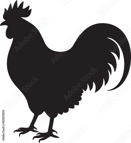 Black silhouette of a rooster standing on white background