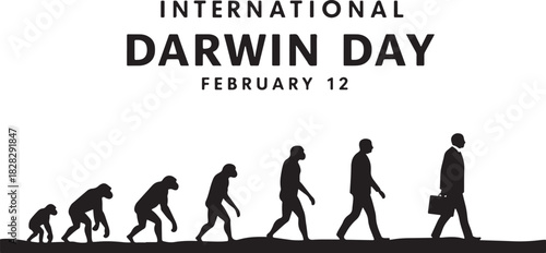 Silhouette of human evolution from ape to man for International Darwin Day Keywords: human evolution, Darwin Day, International Darwin Day, Charles