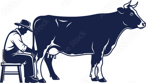 Farmer milking a cow, man in hat and overalls sitting on stool, traditional dairy farming, fresh milk production, black and white vector illustration, isolated on white background.